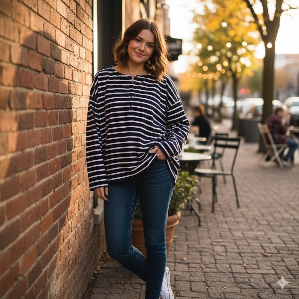 🔥$10 FINAL PRICE🔥 Old Navy Navy Blue White Striped Henley Top Long Sleeve❤️
